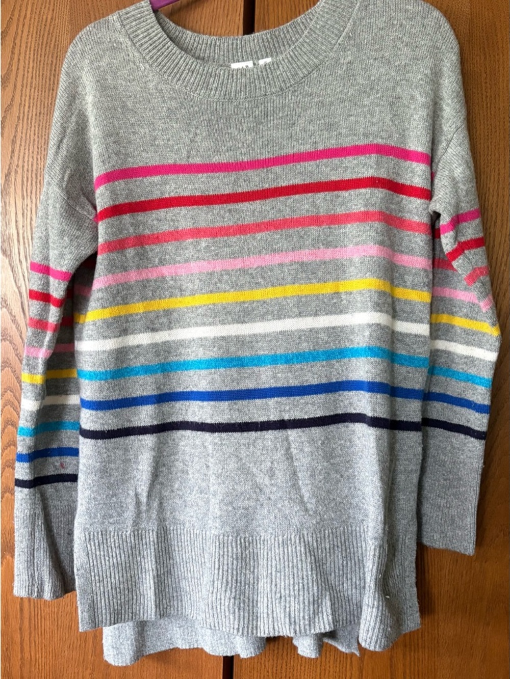 GAP Gray Crewneck Sweater with Multicolor Stripes